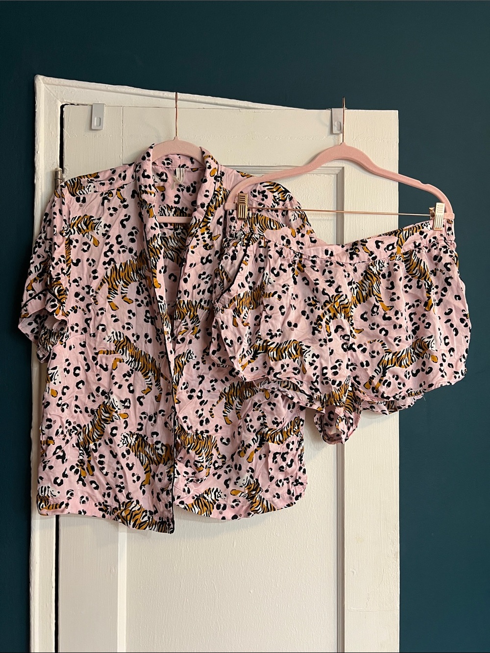 Anthropologie Pink Tiger Print Button-Down Top and Shorts Set
